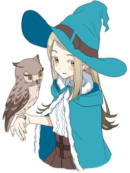1girl animal animal_on_hand aqua_cape aqua_hat aqua_ribbon bird bird_on_hand blonde_hair blush brown_skirt cape center_frills collared_shirt colored_eyelashes commentary_request earrings fingernails flipped_hair frills fumi_tsu_ki fur-trimmed_cape fur_trim gakuen_idolmaster gradient_hair grey_hair hand_up hat high-waist_skirt idolmaster jewelry long_hair looking_at_viewer looking_to_the_side multicolored_hair neck_ribbon open_mouth orange_eyes owl ribbon shinosawa_hiro shirt simple_background skirt solo stud_earrings swept_bangs upper_body white_background white_shirt witch_hat