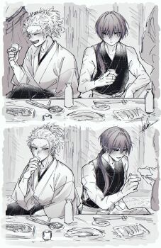 2boys absurdres alcohol blue_eyes blush cup fate/grand_order fate_(series) greyscale hair_intakes harada_sanosuke_(fate) highres holding holding_cup implied_yaoi japanese_clothes kikunohana0225 kimono long_hair long_sleeves male_focus monochrome multiple_boys multiple_scars nagakura_shinpachi_(fate) ponytail sake scar scar_on_arm scar_on_face sleeveless spot_color