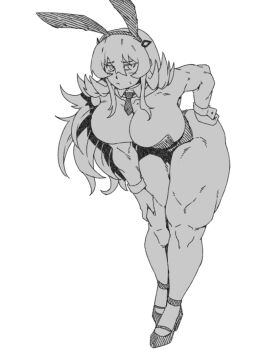 1girl animal_ears bare_shoulders barghest_(fate) biceps blush breasts detached_collar fake_animal_ears fate/grand_order fate_(series) full_body greyscale high_heels highleg highleg_leotard large_breasts leaning_forward leotard long_hair looking_at_viewer minew monochrome muscular muscular_female necktie playboy_bunny rabbit_ears solo thick_thighs thighs wrist_cuffs