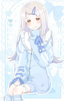 1girl absurdres belt bib_collar blue_jacket blue_ribbon blue_shorts blush colored_eyelashes commentary_request feet_out_of_frame flipped_hair frilled_shirt_collar frills gakuen_idolmaster grey_hair hair_ornament hairclip hand_on_own_knee hand_to_own_mouth highres idolmaster jacket leg_belt long_hair long_sleeves looking_at_viewer orange_eyes puffy_long_sleeves puffy_sleeves raichita ribbon ribbon-trimmed_sleeves ribbon_trim shinosawa_hiro shorts sitting solo striped_clothes striped_jacket swept_bangs tenshi_kaiwai thigh_strap vertical-striped_clothes vertical-striped_jacket white_belt wing_hair_ornament zipper