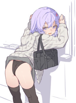 1girl a.i._voice ass black_panties black_thighhighs blush cardigan clothes_lift grey_cardigan grey_skirt heavy_breathing highleg highleg_panties highres leaning_forward looking_at_viewer looking_back open_cardigan open_clothes panties purple_eyes purple_hair short_hair skirt skirt_lift solo thighhighs underwear voiceroid yamamomo_(plank) yuzuki_yukari yuzuki_yukari_(shizuku)