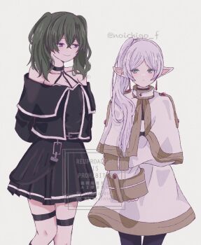 alternate_hairstyle arms_behind_back bare_shoulders black_dress black_jacket black_pantyhose breasts capelet cleavage closed_mouth cow cowboy_shot crossed_bangs dress earrings elf frieren gold_trim green_eyes green_hair grey_hair hair_between_eyes hair_over_shoulder hairstyle_switch halter_dress halterneck hand_on_own_arm jacket jewelry long_hair looking_at_another medium_breasts noichigo_f off-shoulder_jacket off_shoulder pantyhose parted_bangs pleated_dress pointy_ears purple_eyes shirt side_ponytail skirt smile sousou_no_frieren striped_clothes striped_shirt thigh_strap twintails twitter_username ubel_(sousou_no_frieren) white_background white_capelet white_jacket white_skirt white_trim