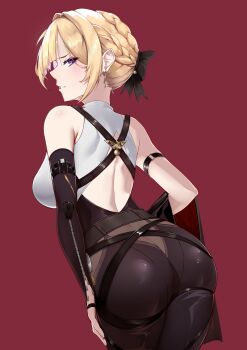 1girl absurdres arm_strap ass back bare_shoulders black_pants black_ribbon breasts coat commentary cowboy_shot earrings elbow_gloves english_commentary evelyn_chevalier from_behind gloves hair_intakes hair_ribbon hand_on_own_leg high-waist_pants highres holding holding_coat holding_unworn_clothes jewelry large_breasts latex_pants looking_back pants parted_lips purple_eyes red_background ribbon shirt sideways_glance single_elbow_glove sleeveless sleeveless_shirt solo thaigermane tight_clothes tight_pants unworn_coat white_shirt zenless_zone_zero