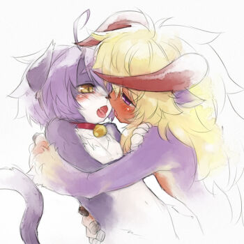 Rule 34 | ahoge, animal ears, behemoth, bell, blonde hair, blush, collar, curly hair, eye contact, fang, furry, horns, hug, kiss, long hair, looking at another, mizuki kotora, neck bell, open mouth, purple eyes, purple hair, saliva, saliva trail, simple background, tail, tongue, yellow eyes
