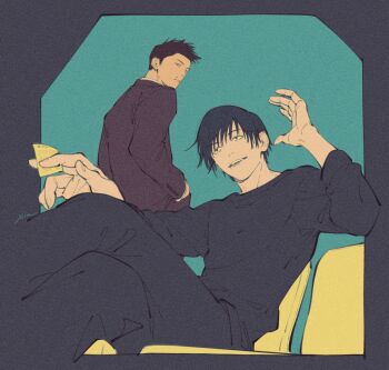 2boys black_hair black_pants black_shirt black_sweater commentary fushiguro_touji highres jujutsu_kaisen male_focus mim_(mimya0600) multiple_boys pants scar_on_lip shirt shiu_kong short_hair sitting sweater
