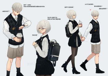 1boy 1girl 2b_(nier:automata) 9s_(nier:automata) alternate_costume backpack bag black_boots black_pantyhose black_ribbon black_shoes black_skirt black_socks black_vest blue_eyes boots bowl_cut brown_shorts casual chinese_text collared_shirt commentary cowboy_shot cup disposable_cup dress_shirt drinking_straw english_commentary grey_hair hair_between_eyes heart high_heel_boots high_heels holding holding_cup holding_hands long_sleeves mitsuki_nite mole mole_under_mouth multiple_views neck_ribbon nier:automata nier_(series) open_mouth pantyhose pleated_skirt ribbon shirt shoes short_hair shorts skirt smile socks standing sweater_vest translation_request twitter_username vest walking watch white_shirt wristwatch