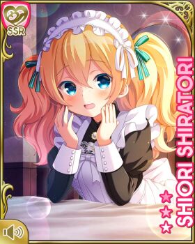 Rule 34 | 1girl, aqua eyes, black dress, blonde hair, blue eyes, blush, cafe, card (medium), character name, cuffs, dress, female focus, girlfriend (kari), hair ribbon, indoors, maid, official art, open mouth, qp:flapper, ribbon, shiratori shiori, solo, standing, surprised, tagme, thighhighs, twintails, wavy hair, white thighhighs