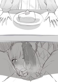 1boy 2girls arknights blue_poison_(arknights) blush cake cake_slice food hands_on_table highres large_penis multiple_girls penis penis_on_face ptilopsis_(arknights) satou_rin_(gobugabuge) under_table veins veiny_penis