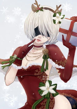 Rule 34 | 1girl, 2b (nier:automata), antlers, blindfold, bob cut, box, capelet, christmas, commentary, dress, elbow gloves, english commentary, facing viewer, fake antlers, finger to mouth, gift, gift box, gloves, grey hair, highres, holding, holding box, holding gift, horns, index finger raised, mitsuki nite, nier:automata, nier (series), red capelet, red dress, red gloves, reindeer antlers, santa costume, santa dress, short hair, single elbow glove, snowflakes, solo, twitter username, upper body