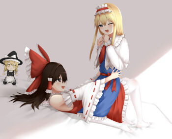 2girls :d ;d alice_margatroid blonde_hair blue_dress blue_eyes bow breasts brown_eyes brown_hair capelet character_doll commentary cowgirl_position detached_sleeves doge_(jkdoge) doll dress frilled_bow frilled_dress frilled_hair_tubes frilled_skirt frills fumo_(doll) girl_on_top hair_bow hair_tubes hairband hakurei_reimu highres kirisame_marisa long_hair lying multiple_girls on_back one_eye_closed open_mouth pantyhose red_bow red_hairband red_skirt ribbon-trimmed_sleeves ribbon_trim sideboob simple_background skirt skirt_set smile straddling touhou white_capelet white_pantyhose yuri