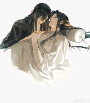 2boys absurdres bishounen black_hair black_hanfu blanket chinese_clothes closed_eyes closed_mouth couple hair_between_eyes hair_down hair_ribbon half_updo hand_on_another&#039;s_head hanfu highres holding_hands interlocked_fingers lan_wangji long_hair long_sleeves lying male_focus modao_zushi multiple_boys official_alternate_hairstyle on_back on_bed pillow red_ribbon ribbon robe shenzhang10011 sidelocks simple_background sleeping smile under_covers upper_body watermark wei_wuxian wei_wuxian_(yiling_laozu) weibo_watermark white_background white_hanfu wide_sleeves yaoi