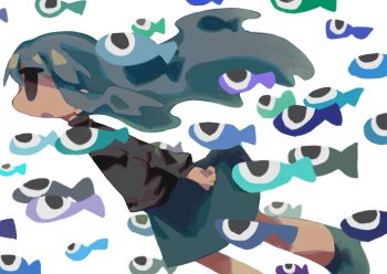 1girl absurdres aqua_skirt black_eyes black_sweater dark-skinned_female dark_skin fish floating_hair from_side grey_hair hado_fun highres long_sleeves open_mouth original skirt sweater turtleneck turtleneck_sweater white_background