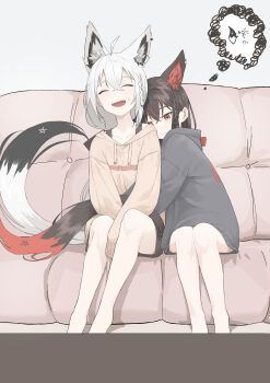 absurdres alternate_costume animal_ear_fluff animal_ears barefoot black_hair closed_eyes closed_mouth commentary_request couch facing_viewer fang fox_ears fox_girl fox_tail highres hololive hood hoodie hug image_in_thought_bubble indoors korean_commentary kurokami_fubuki looking_down mean_0603 open_mouth red_eyes shirakami_fubuki simple_background speech_bubble sweat tail teeth thought_bubble upper_teeth_only virtual_youtuber watching_television white_hair yuri