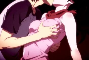 1boy 1girl animated araragi_karen araragi_koyomi black_hair breasts brother_and_sister covered_erect_nipples covered_navel grabbing_another&#039;s_breast groping incest kiss monogatari_(series) nisemonogatari pink_shirt red_scarf scarf shirt siblings skin_tight sleeveless sleeveless_shirt sound tagme video