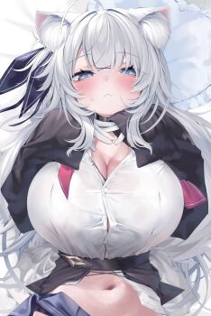 1girl absurdres ahoge animal_ear_fluff animal_ears black_choker blue_eyes blue_ribbon blue_skirt blush breasts button_gap buttons choker cleavage double-parted_bangs dress_shirt fang fangs fox_ears fox_girl gloves hair_between_eyes hair_ornament hair_ribbon highres huge_breasts konagi_(konotuki) long_sleeves looking_at_viewer lying miniskirt navel necktie no_pants on_back on_bed one_side_up original partially_unbuttoned pillow pleated_skirt red_necktie ribbon shirt skin_fang skirt solo sweatdrop white_gloves white_hair white_shirt x_hair_ornament