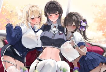 3girls absurdres ascot ass black_hair blonde_hair blue_cardigan blue_necktie blue_skirt blunt_bangs blush breasts button_gap cardigan collarbone collared_shirt commentary couch crop_top cropped_jacket cropped_shirt dark-skinned_female dark_skin dazzling_pearl_(nikke) epaulettes goddess_of_victory:_nikke grin gurami_(zangizarang) gyaru hair_between_eyes hair_intakes highres huge_breasts jacket jewelry kogal large_breasts leaf leaning_forward long_hair looking_at_viewer loose_necktie marciana_(nikke) midriff military_jacket miniskirt multiple_girls multiple_rings naga_(nikke) name_tag navel navel_piercing necktie pants partially_unbuttoned piercing pinstripe_pattern pinstripe_skirt pleated_skirt ring school_uniform scrunchie shirt sidelocks sitting skindentation skirt sleeves_past_wrists smile spike_piercing striped_clothes striped_necktie untranslatable_commentary taut_jacket thigh_strap thighhighs tia_(nikke) tight_clothes tight_pants upskirt v white_ascot white_pants white_shirt window wrist_scrunchie wristband