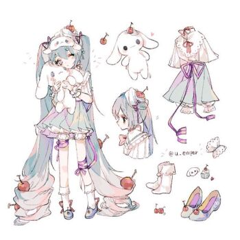 blue_eyes blue_hair blue_skirt blush cherry cinnamoroll cupcake eye_mask food fruit fuwa_fuwa_cinnamoroll hatsune_miku high_heels hug long_hair mask purple_ribbon reference_sheet ribbon sanrio shirt skirt socks stuffed_toy twintails u_emper vocaloid white_background white_shirt white_socks