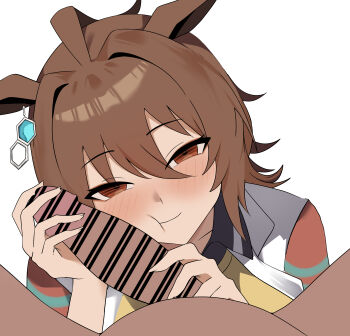 Rule 34 | 1boy, 1girl, :t, absurdres, agnes tachyon (tach-nology) (umamusume), agnes tachyon (umamusume), ahoge, animal ear piercing, animal ears, bar censor, blush, brown hair, censored, closed mouth, coat, commentary, earrings, erection, hair between eyes, handjob, hetero, highres, horse ears, horse girl, huge ahoge, jewelry, lab coat, long hair between eyes, looking at viewer, medium hair, penis, penis on face, pov, pov crotch, red eyes, rumina runa, simple background, single earring, smile, two-handed handjob, umamusume, white background, white coat