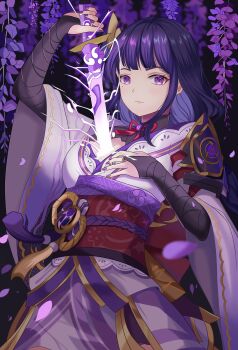 Rule 34 | 1girl, absurdres, arm up, armor, back bow, blunt bangs, bow, braid, breasts, bridal gauntlets, cleavage, closed mouth, drawing sword, electricity, flower, genshin impact, glowing, glowing sword, glowing weapon, hair ornament, highres, holding, holding sword, holding weapon, human scabbard, japanese clothes, kimono, large breasts, lingerie, long braid, looking at viewer, looking to the side, marion (marionette ink), mitsudomoe (shape), mixed-language commentary, mole, mole under eye, musou isshin (genshin impact), purple eyes, purple hair, purple kimono, purple nails, raiden shogun, red sash, sash, shade, shoulder armor, single braid, solo, standing, sword, sword between breasts, tomoe (symbol), underwear, upper body, weapon, wisteria
