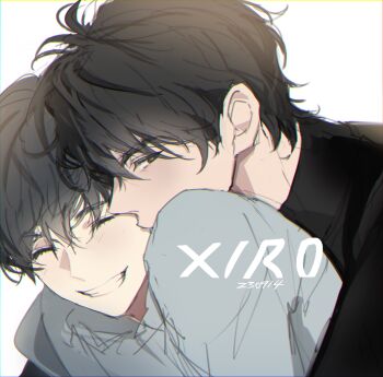 2boys black_eyes black_hair black_shirt blush closed_eyes commentary grin hair_between_eyes high_collar hug hug_from_behind kim_dokja looking_at_viewer male_focus multiple_boys omniscient_reader&#039;s_viewpoint portrait shirt short_hair smile symbol-only_commentary white_shirt xiro yoo_joonghyuk