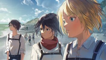 1other 2girls 4boys absurdres armin_arlert beach black_hair blonde_hair blue_eyes brown_hair cloak closed_mouth cloud cloudy_sky collared_shirt connie_springer eren_yeager green_cloak grey_eyes grey_hair hair_between_eyes hange_zoe highres jean_kirstein lace-up_top levi_(shingeki_no_kyojin) medium_hair mikasa_ackerman multiple_boys multiple_girls ocean parted_bangs parted_lips ponytail red_scarf sasha_blouse scarf shingeki_no_kyojin shirt shirushi_06 short_hair sky three-dimensional_maneuver_gear upper_body white_shirt