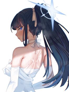 Rule 34 | 1girl, armpit crease, back, bare shoulders, blue archive, blue eyes, blue hair, blue halo, blush, breasts, cheeso art, closed mouth, commentary, cum, cum on back, cum on body, cumdrip, dress, english commentary, eyelashes, from behind, hair ribbon, halo, highres, large breasts, looking at viewer, looking back, mole, mole on neck, off-shoulder dress, off shoulder, ponytail, ribbon, saori (blue archive), saori (dress) (blue archive), sidelocks, simple background, solo, sweat, sweatdrop, upper body, wedding dress, white background, white dress