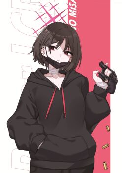 1girl absurdres bags_under_eyes bandaged_neck bandaged_wrist bandages barbell_piercing black_hoodie black_mask black_pants blue_archive brown_hair closed_mouth collarbone commentary cowboy_shot ear_piercing english_text gun halo hand_in_pocket handgun hashtag-only_commentary highres holding holding_gun holding_weapon hood hoodie industrial_piercing ivan_wang mask mask_pull misaki_(blue_archive) mouth_mask open_cylinder_(revolver) pants piercing red_background red_eyes red_halo revolver ruger_lcr shell_casing short_hair sideways_glance solo straight-on text_background unloading weapon white_background