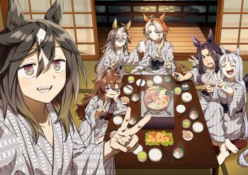 6+girls absurdres ahoge animal_ears bath_yukata black_hair blue_eyes blunt_bangs blush breasts brown_eyes brown_hair chopsticks closed_eyes closed_mouth collarbone commentary double_v dream_journey_(umamusume) eyewear_strap fenomeno_(umamusume) flipped_hair food food_request glasses gold_ship_(umamusume) grey_hair grey_kimono hair_between_eyes head_rest highres holding holding_chopsticks horse_ears horse_girl horse_tail hotpot indoors japanese_clothes kimono long_hair long_sleeves looking_at_viewer multicolored_hair multiple_girls nakayama_festa_(umamusume) one_eye_closed open_mouth orange_hair orfevre_(umamusume) purple_eyes purple_hair selfie sitting smile stay_gold_(umamusume) stay_gold_clan_(umamusume) stew streaked_hair symbol-only_commentary tail teeth two-tone_hair umagamja umamusume v white_hair yukata