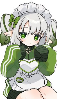 1girl alternate_costume alternate_hairstyle apron blush bow commentary_request cross-shaped_pupils enmaided frilled_apron frilled_hairband frills genshin_impact gotoh_(nekocat) gradient_hair green_bow green_eyes green_hair green_sweater hair_between_eyes hair_bow hairband long_hair looking_at_viewer maid maid_headdress multicolored_hair nahida_(genshin_impact) pointy_ears sitting sleeves_past_fingers sleeves_past_wrists solo sweater symbol-shaped_pupils twintails white_apron white_hair white_hairband