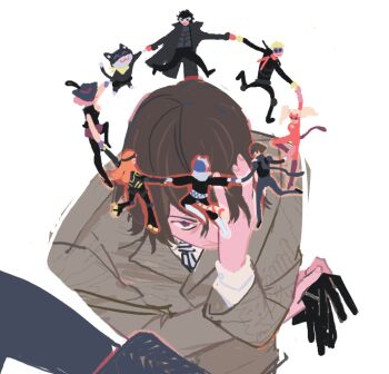 4boys 4girls akechi_gorou amamiya_ren bandana black_bodysuit black_coat black_gloves black_hair blonde_hair blue_hair bodysuit brown_hair brown_jacket cat_mask coat domino_mask eye_mask floating fox_(persona_5) fox_mask from_above gloves grey_pants hand_on_own_face holding holding_gloves holding_hands holding_unworn_clothes jacket joker_(persona_5) kitagawa_yuusuke long_coat long_hair looking_up mask medium_hair morgana_(persona_5) multiple_boys multiple_girls necktie niijima_makoto noir_(persona_5) okumura_haru oracle_(persona_5) orange_hair panther_(persona_5) pants persona persona_5 pink_bodysuit pink_hair purple_skirt queen_(persona_5) red_eyes sakamoto_ryuuji sakura_futaba shegnanny shirt short_hair sketch skirt skull_(persona_5) solo_focus striped_necktie takamaki_anne twintails unworn_gloves white_background white_shirt yellow_bandana