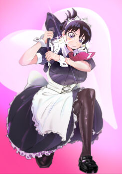 1girl absurdres apron arato_nagi black_dress black_hair blush breasts chisel closed_mouth collared_dress commentary dress earrings folded_ponytail frilled_dress frills hammer heart heart_earrings highres holding holding_hammer jewelry large_breasts maid maid_apron maid_headdress necktie official_alternate_costume official_alternate_hairstyle pink_background puffy_short_sleeves puffy_sleeves purple_eyes red_necktie ruri_no_houseki short_sleeves smile solo user_nmwp4827 white_apron white_wrist_cuffs wrist_cuffs
