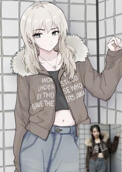 1girl black_shirt blue_pants brown_jacket closed_mouth earrings girls_band_cry grey_eyes grey_hair hanekuri_(nnainain) highres jacket jewelry kawaragi_momoka long_hair looking_at_viewer midriff multicolored_hair navel necklace open_clothes open_jacket pants photo-referenced reference_inset roots_(hair) shirt solo