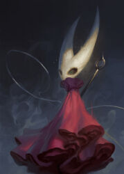 Rule 34 | 1girl, absurdres, arthropod girl, bugmeyer, cloak, full body, highres, hollow eyes, hollow knight, hornet (hollow knight), mask, needle (hollow knight), no humans, red cloak, standing, weapon, weapon on back