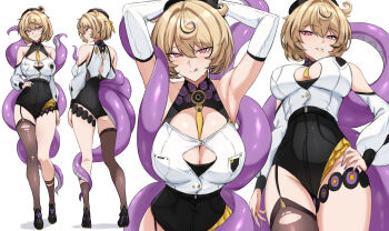 1girl beret black_hair black_shoes black_shorts black_thighhighs blonde_hair breasts cleavage_cutout clothing_cutout commentary english_commentary fangs_(fangs_art) hat high-waist_shorts highres large_breasts licking_lips looking_at_viewer mole mole_under_mouth multicolored_hair multiple_views red_eyes shirt shoes short_hair shorts simple_background single_thighhigh streaked_hair tentacle_girl tentacle_tail tentacles thighhighs tongue tongue_out two-tone_hair white_background white_shirt yidhari_murphy zenless_zone_zero