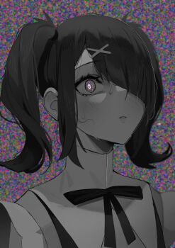 1girl ame-chan_(needy_girl_overdose) artist_name collared_shirt commentary diagonal_bangs greyscale hair_ornament hair_over_one_eye hair_tie highres looking_afar looking_ahead medium_hair monochrome neck_ribbon needy_girl_overdose one_eye_covered parted_lips ribbon sasoura shirt solo static sweatdrop symbol-only_commentary twintails upper_body x_hair_ornament