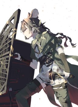 1girl absurdres animal_ears arknights ballistic_shield black_hair black_thighhighs closed_mouth coat commentary feet_out_of_frame green_coat hair_ornament hairclip hammer highres holding holding_hammer holding_shield lanyard leaning_forward long_hair looking_ahead lutonada_(arknights) mouse_ears mouse_girl sasa_fune shield short_sleeves solo standing thighhighs white_background
