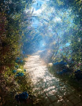 3d absurdres arch architecture blender_(medium) blue_flower blue_rose blue_sky cloud cloudy_sky commentary_request day flower grass highres horizon nature no_humans original path reiya_mof road rose sky vanishing_point