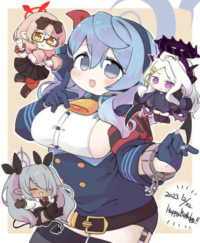 Rule 34 | 4girls, :d, :o, ako (blue archive), bell, belt, belt buckle, black belt, black boots, black ribbon, black skirt, blue archive, blue gloves, blue hair, blue jacket, blush stickers, boots, border, breasts, broken, broken chain, brown background, brown hair, buckle, chain, chibi, chinatsu (blue archive), closed eyes, cuffs, dark-skinned female, dark skin, dated, demon tail, glasses, gloves, grey eyes, grey hair, grey thighhighs, hair between eyes, hair ornament, hair over one eye, hair over shoulder, hair ribbon, hairclip, half gloves, halo, happy birthday, hina (blue archive), holding, holding syringe, iori (blue archive), jacket, lace-up boots, large breasts, low twintails, miranofuudoria, multiple girls, neck bell, open mouth, pantyhose, parted bangs, parted lips, pleated skirt, pointy ears, prefect team (blue archive), purple eyes, red-framed eyewear, red pantyhose, ribbon, semi-rimless eyewear, shirt, sideboob, skirt, smile, syringe, tail, thighhighs, twintails, under-rim eyewear, white border, white hair, white shirt