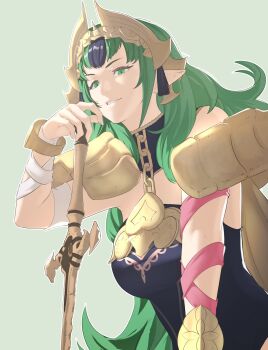 1girl armpits breasts chain commentary english_commentary fire_emblem fire_emblem:_fortune&#039;s_weave green_background green_eyes green_hair grin highres large_breasts long_hair nintendo pointy_ears pomelomelon smile solo sothis_(adult)_(fire_emblem) sothis_(fire_emblem) sword_of_the_creator upper_body very_long_hair