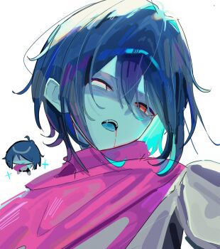 Rule 34 | 1other, armor, blood, blood from mouth, blue hair, cape, chibi, chibi inset, commentary request, deltarune, fangs, hair between eyes, head tilt, highres, hiyoko mame (kvdz3ummnr39323), kris (dark world) (deltarune), kris (deltarune), looking at viewer, medium hair, open mouth, other focus, pink cape, portrait, red eyes, simple background, single blank eye, teeth, tongue, upper teeth only, utdr (toby fox), white background
