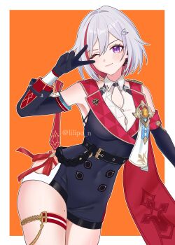Rule 34 | absurdres, bare shoulders, belt, black gloves, blush, breasts, detached sleeves, gem, gloves, hair ornament, hairclip, highres, honkai: star rail, honkai (series), large breasts, lilipon, one eye closed, purple eyes, red hair, short hair, smile, solo, topaz (honkai: star rail), twitter username, white hair