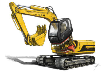 cabin excavator full_body ldt machine monsterification motor_vehicle open_mouth original sharp_teeth teeth tongue tongue_out vehicle_focus