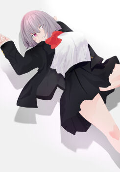 1girl a_(c3einycggcevevf) absurdres black_jacket black_skirt bow breasts buttons collared_shirt commentary gridman_universe hair_between_eyes highres jacket large_breasts looking_at_viewer open_clothes open_jacket pleated_skirt purple_hair red_bow red_eyes shinjou_akane shirt short_hair simple_background skirt smile solo ssss.gridman teeth white_background white_shirt