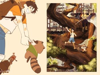 Rule 34 | 2boys, anger vein, animal, arm up, backpack, bag, black hair, blue shorts, building, commentary, full body, green hair, hat, highres, katana, male focus, monkey d. luffy, multiple boys, one piece, open mouth, raccoon, roronoa zoro, sandals, sheath, sheathed, shirt, short hair, shorts, straw hat, sword, untranslatable commentary, toku0034, tree, unworn hat, unworn headwear, weapon, white shirt