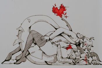 1boy 1girl absurdres arknights artist_self-insert barefoot blush bottomless doctor_(arknights) ear_blush finger_to_mouth fire full_body hand_on_another's_stomach hand_on_another's_thigh heart hetero highres horns long_hair looking_at_another lying male_doctor_(arknights) medium_hair no_shoes ponytail reed_(arknights) spot_color ssalmon4bon tail thighhighs traditional_media