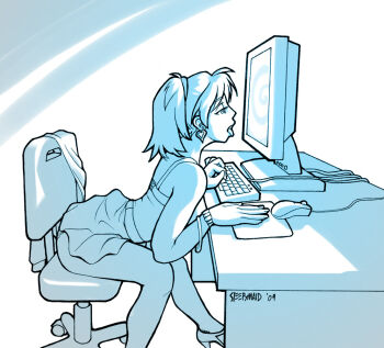 bracelet chair computer earrings high_heels hypnosis jewelry keyboard computer_keyboard leaning_forward mind_control monitor monochrome computer_mouse office_chair panties ponytail sitting skirt sleepymaid source_request swivel_chair tongue tongue_out twintails underwear