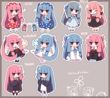 2girls :d ;d absurdres bandana black_coat black_dress black_footwear black_gloves black_shirt black_sleeves blue_bandana blue_dress blue_footwear blue_hair blue_ribbon blue_thighhighs blush border brown_background brown_border cellphone closed_mouth coat commentary dated_commentary detached_sleeves dress eighth_note full_body gloves grey_footwear hair_ribbon hand_up hands_on_own_hips hibino_000 highres holding holding_phone hood hood_down hooded_coat jukebox kotonoha_akane kotonoha_aoi long_hair looking_at_viewer multiple_girls multiple_views musical_note one_eye_closed open_clothes open_coat open_mouth outline outside_border phone pink_hair pink_thighhighs polka_dot polka_dot_bandana polka_dot_skirt ponytail red_bandana red_eyes red_footwear red_ribbon red_skirt ribbon sailor_collar shirt shoes sidelocks sitting skirt sleeveless sleeveless_dress sleeveless_shirt smartphone smile socks thighhighs translation_request voiceroid waving white_gloves white_outline white_sailor_collar white_shirt white_sleeves white_socks