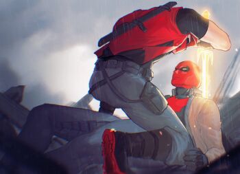 2boys bandaged_arm bandages bat_signal batman_(series) batman_symbol black_bodysuit black_gloves black_hair black_shirt bodysuit brown_jacket covered_abs dc_comics dual_persona gloves grey_bodysuit highres holding hood hooded_vest hoodie jacket jason_todd kirikumosan large_pectorals looking_at_another male_focus mask multicolored_bodysuit multiple_boys muscular muscular_male open_clothes open_vest pants pectorals red_hood_(2018_costume) red_hood_(dc) red_hood_and_the_outlaws red_mask red_vest shirt short_hair superhero_costume taut_bodysuit two-tone_bodysuit two-tone_shirt vest weapon