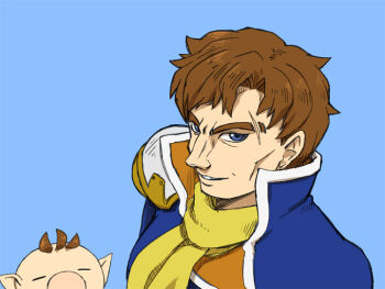 2boys armor big_nose blue_background blue_coat blue_eyes brown_hair captain_falcon closed_eyes coat collared_coat commentary_request f-zero grin high_collar male_focus multiple_boys naru_(wish_field) nintendo no_headwear olimar orange_coat parted_lips pauldrons pikmin_(series) pointy_ears portrait scar scar_on_face scarf short_hair shoulder_armor simple_background single_pauldron smile super_smash_bros. thick_eyebrows two-sided_coat two-sided_fabric upper_body very_short_hair yellow_scarf