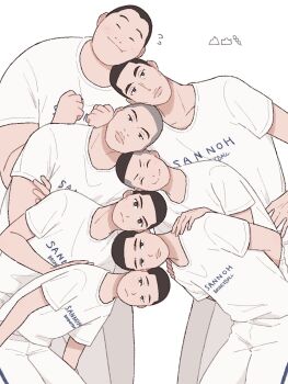 6+boys black_eyes black_hair buzz_cut clenched_hand closed_eyes closed_mouth crossed_arms english_text feet_out_of_frame flying_sweatdrops fukatsu_kazunari group_picture hand_on_another's_back hand_on_another's_shoulder hand_on_own_hip highres human_stacking ichinokura_satoshi kawata_masashi kawata_mikio kosu_(403blu) looking_at_viewer male_focus matsumoto_minoru multiple_boys nobe_masahiro pants sawakita_eiji shirt short_hair slam_dunk_(series) smile undercut very_short_hair white_background white_pants white_shirt